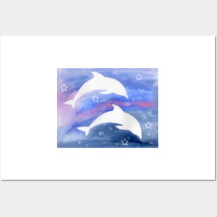 Dolphin Silhouette with watercolor background Posters and Art